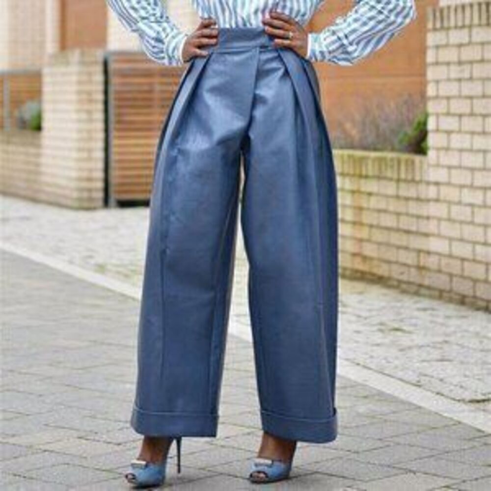 Dusty Blue Elegant Womens Faux leather Baggy w/Pockets Pants high street fashion - Picture 2 of 3